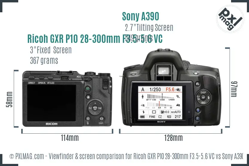 Ricoh GXR P10 28-300mm F3.5-5.6 VC vs Sony A390 Screen and Viewfinder comparison