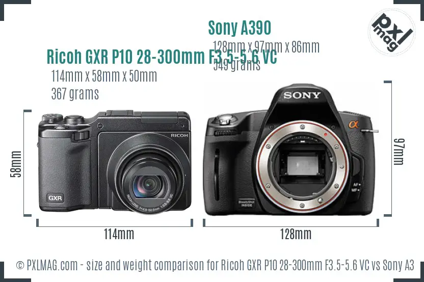 Ricoh GXR P10 28-300mm F3.5-5.6 VC vs Sony A390 size comparison