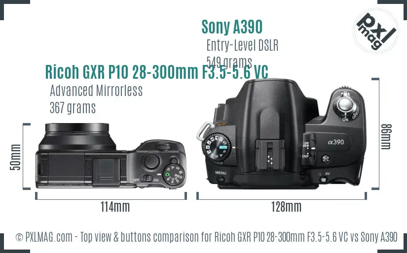 Ricoh GXR P10 28-300mm F3.5-5.6 VC vs Sony A390 top view buttons comparison