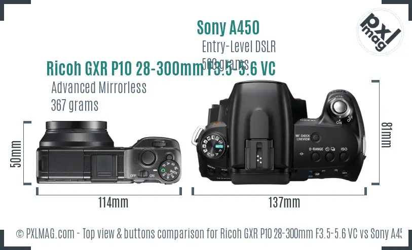 Ricoh GXR P10 28-300mm F3.5-5.6 VC vs Sony A450 top view buttons comparison