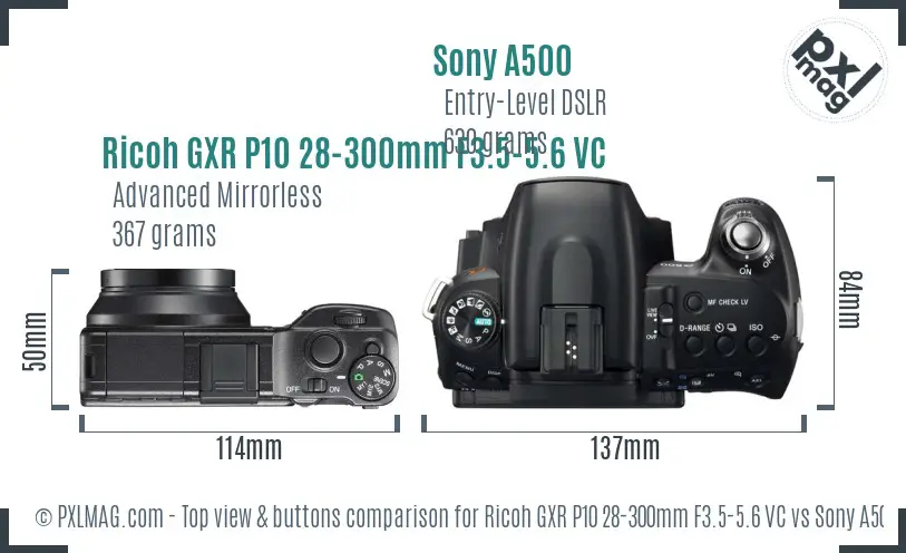 Ricoh GXR P10 28-300mm F3.5-5.6 VC vs Sony A500 top view buttons comparison Ricoh GXR P10 28-300mm F3.5-5.6 VC vs Sony A500 top view buttons comparison