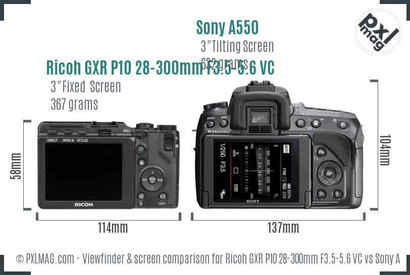 Ricoh GXR P10 28-300mm F3.5-5.6 VC vs Sony A550 Screen and Viewfinder comparison