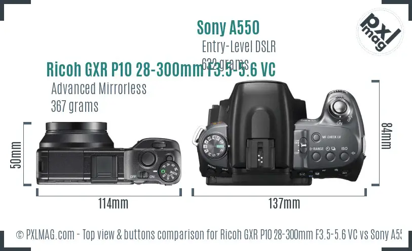 Ricoh GXR P10 28-300mm F3.5-5.6 VC vs Sony A550 top view buttons comparison