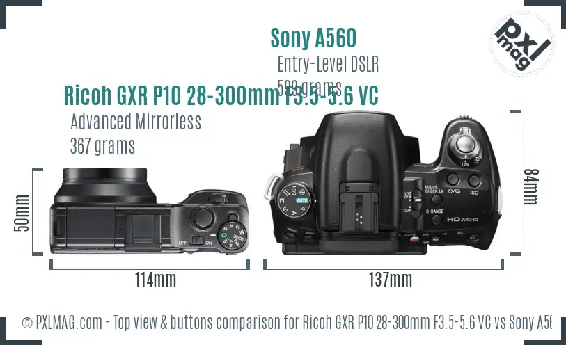 Ricoh GXR P10 28-300mm F3.5-5.6 VC vs Sony A560 top view buttons comparison