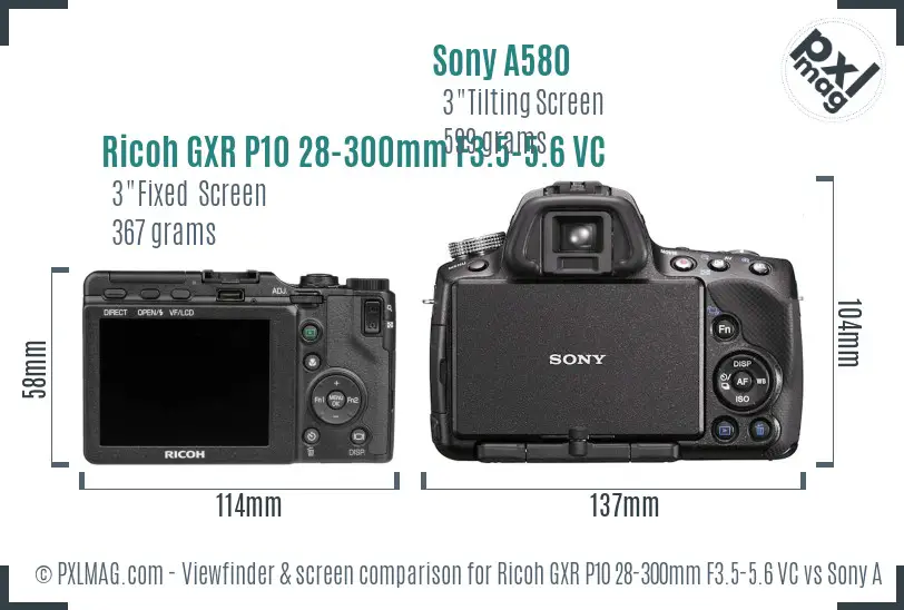 Ricoh GXR P10 28-300mm F3.5-5.6 VC vs Sony A580 Screen and Viewfinder comparison