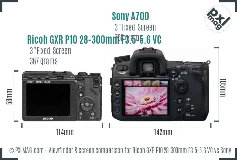 Ricoh GXR P10 28-300mm F3.5-5.6 VC vs Sony A700 Screen and Viewfinder comparison