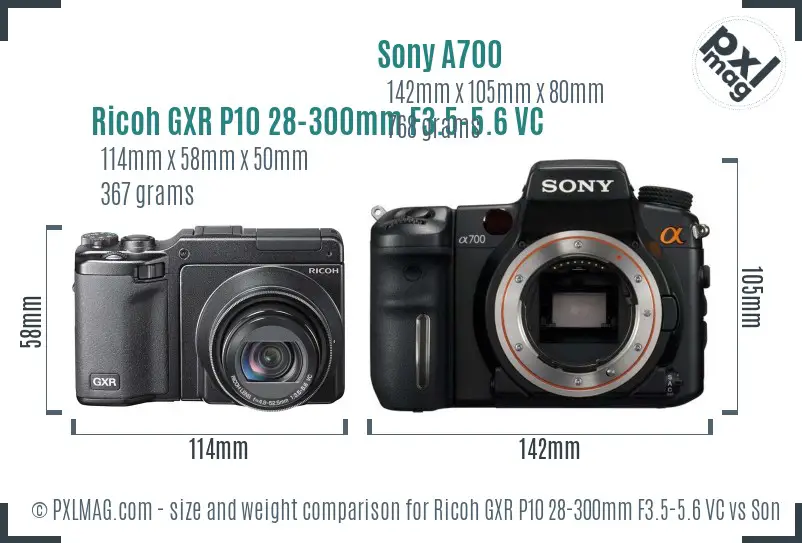 Ricoh GXR P10 28-300mm F3.5-5.6 VC vs Sony A700 size comparison
