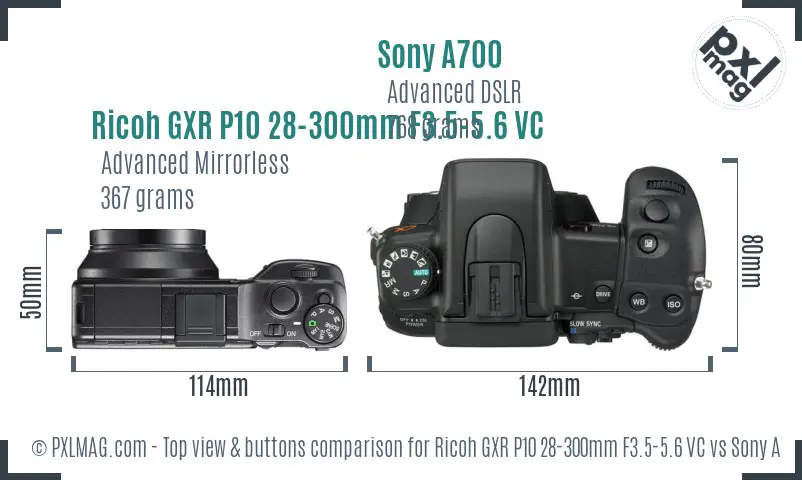 Ricoh GXR P10 28-300mm F3.5-5.6 VC vs Sony A700 top view buttons comparison