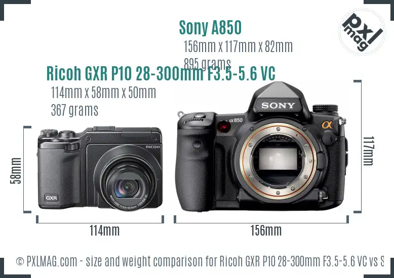 Ricoh GXR P10 28-300mm F3.5-5.6 VC vs Sony A850 size comparison