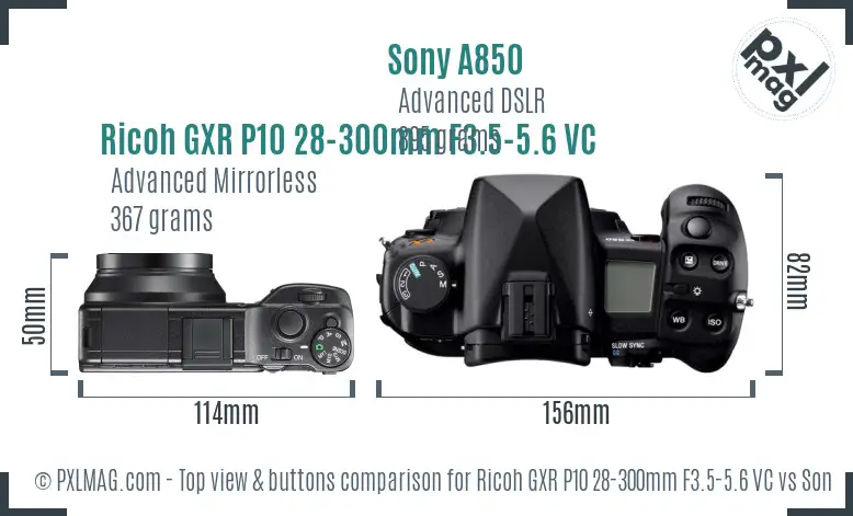 Ricoh GXR P10 28-300mm F3.5-5.6 VC vs Sony A850 top view buttons comparison