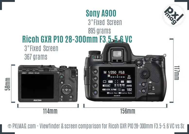 Ricoh GXR P10 28-300mm F3.5-5.6 VC vs Sony A900 Screen and Viewfinder comparison