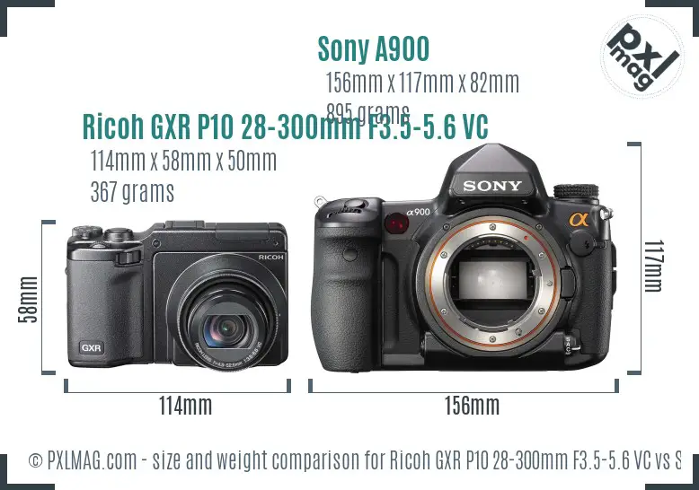 Ricoh GXR P10 28-300mm F3.5-5.6 VC vs Sony A900 size comparison