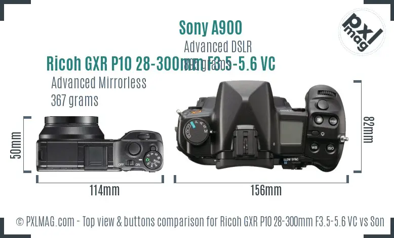 Ricoh GXR P10 28-300mm F3.5-5.6 VC vs Sony A900 top view buttons comparison