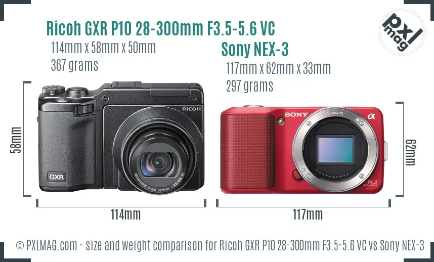 Ricoh GXR P10 28-300mm F3.5-5.6 VC vs Sony NEX-3 size comparison