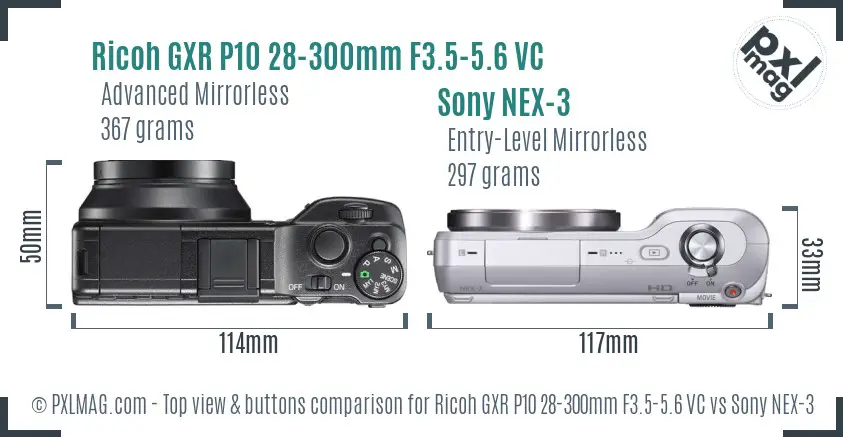 Ricoh GXR P10 28-300mm F3.5-5.6 VC vs Sony NEX-3 top view buttons comparison