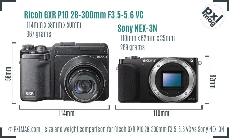 Ricoh GXR P10 28-300mm F3.5-5.6 VC vs Sony NEX-3N size comparison