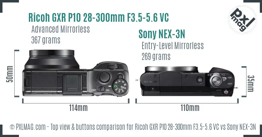 Ricoh GXR P10 28-300mm F3.5-5.6 VC vs Sony NEX-3N top view buttons comparison