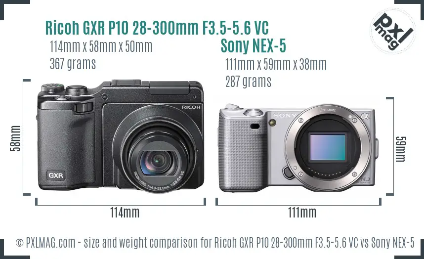 Ricoh GXR P10 28-300mm F3.5-5.6 VC vs Sony NEX-5 size comparison