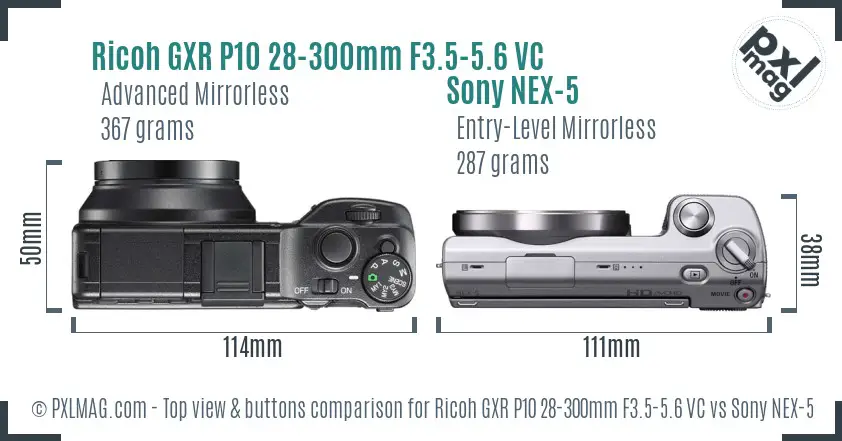 Ricoh GXR P10 28-300mm F3.5-5.6 VC vs Sony NEX-5 top view buttons comparison