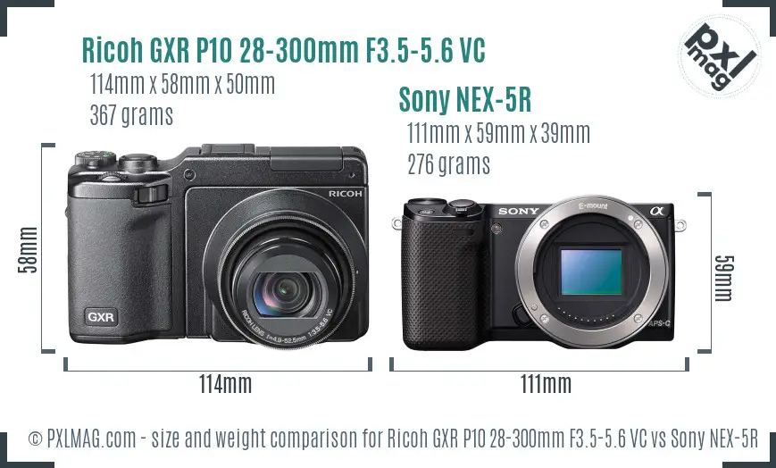 Ricoh GXR P10 28-300mm F3.5-5.6 VC vs Sony NEX-5R size comparison