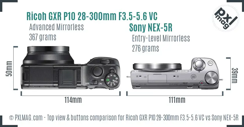 Ricoh GXR P10 28-300mm F3.5-5.6 VC vs Sony NEX-5R top view buttons comparison