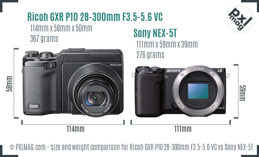 Ricoh GXR P10 28-300mm F3.5-5.6 VC vs Sony NEX-5T size comparison