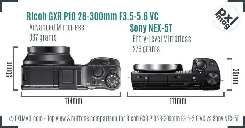 Ricoh GXR P10 28-300mm F3.5-5.6 VC vs Sony NEX-5T top view buttons comparison