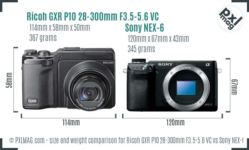 Ricoh GXR P10 28-300mm F3.5-5.6 VC vs Sony NEX-6 size comparison Ricoh GXR P10 28-300mm F3.5-5.6 VC vs Sony NEX-6 size comparison