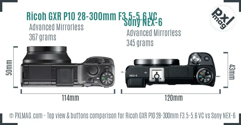 Ricoh GXR P10 28-300mm F3.5-5.6 VC vs Sony NEX-6 top view buttons comparison Ricoh GXR P10 28-300mm F3.5-5.6 VC vs Sony NEX-6 top view buttons comparison