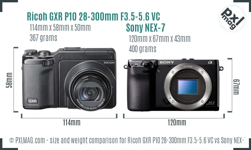 Ricoh GXR P10 28-300mm F3.5-5.6 VC vs Sony NEX-7 size comparison