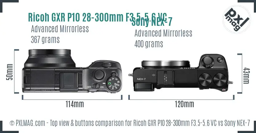 Ricoh GXR P10 28-300mm F3.5-5.6 VC vs Sony NEX-7 top view buttons comparison