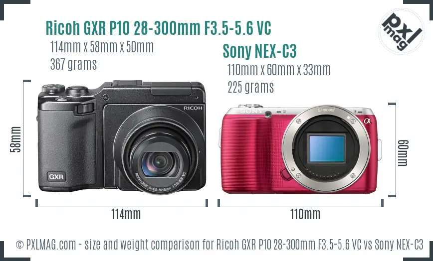 Ricoh GXR P10 28-300mm F3.5-5.6 VC vs Sony NEX-C3 size comparison