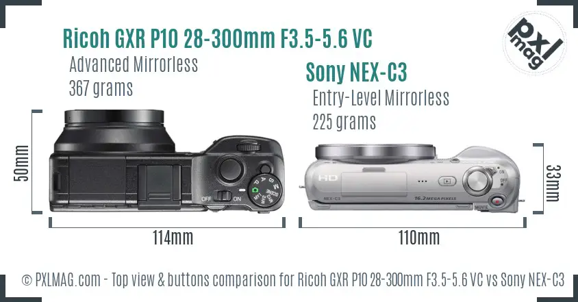 Ricoh GXR P10 28-300mm F3.5-5.6 VC vs Sony NEX-C3 top view buttons comparison