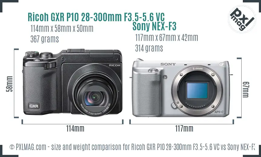 Ricoh GXR P10 28-300mm F3.5-5.6 VC vs Sony NEX-F3 size comparison