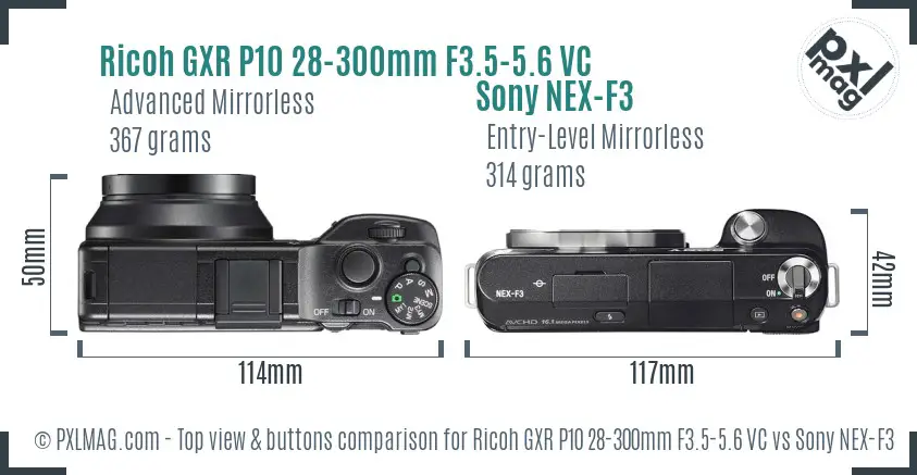Ricoh GXR P10 28-300mm F3.5-5.6 VC vs Sony NEX-F3 top view buttons comparison