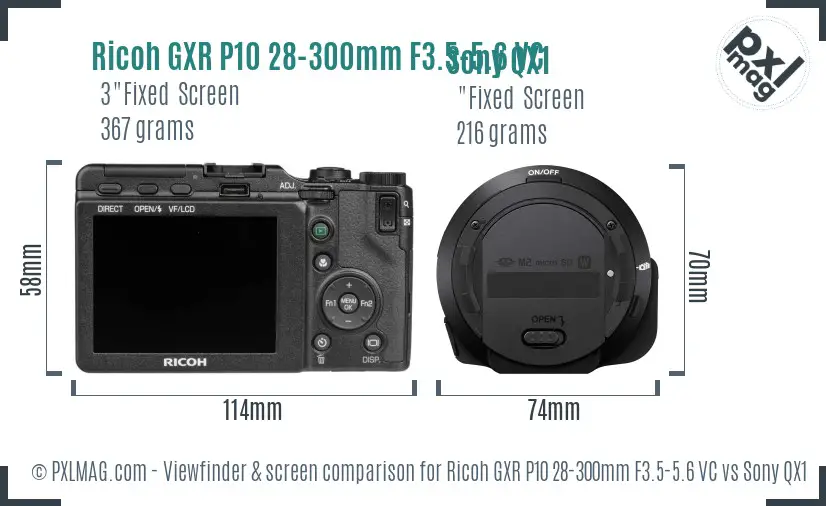 Ricoh GXR P10 28-300mm F3.5-5.6 VC vs Sony QX1 Screen and Viewfinder comparison