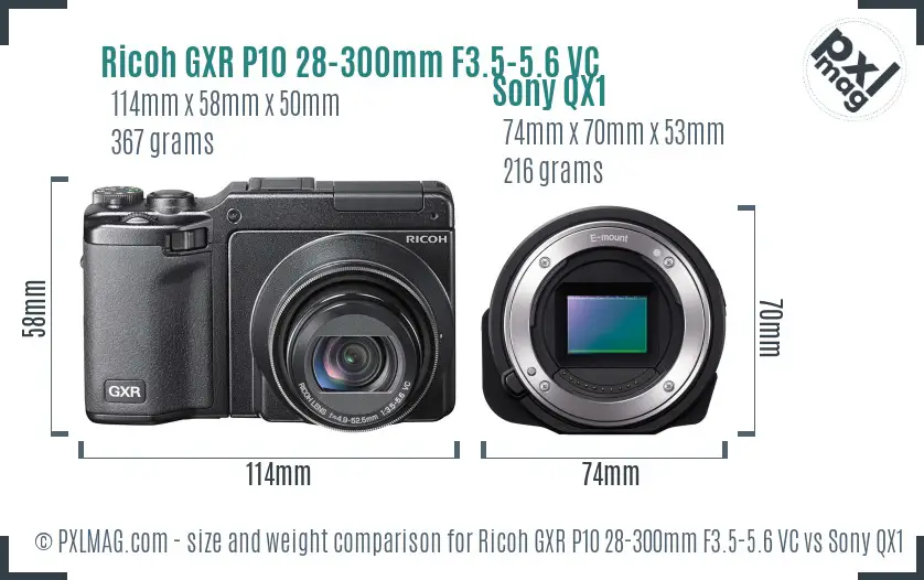 Ricoh GXR P10 28-300mm F3.5-5.6 VC vs Sony QX1 size comparison