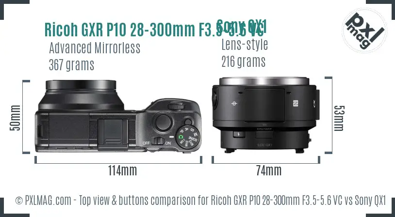 Ricoh GXR P10 28-300mm F3.5-5.6 VC vs Sony QX1 top view buttons comparison