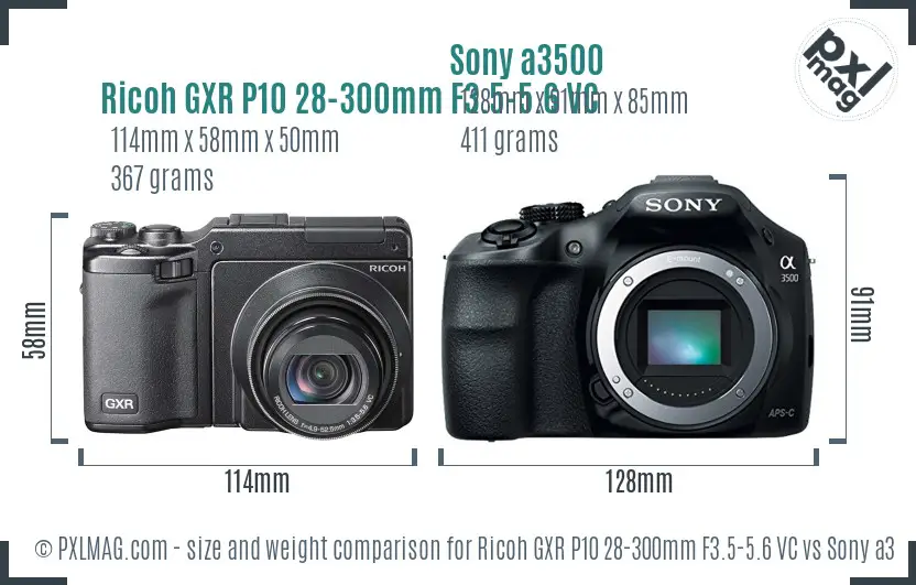 Ricoh GXR P10 28-300mm F3.5-5.6 VC vs Sony a3500 size comparison