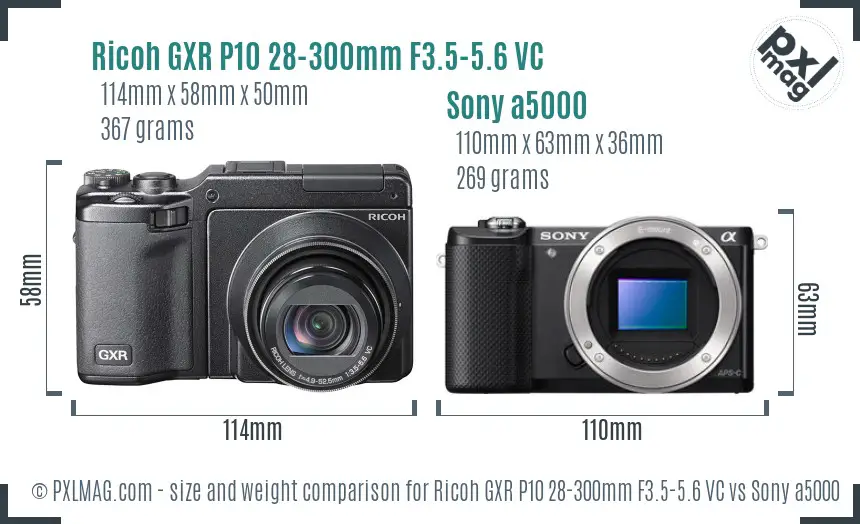 Ricoh GXR P10 28-300mm F3.5-5.6 VC vs Sony a5000 size comparison