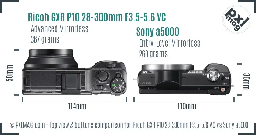 Ricoh GXR P10 28-300mm F3.5-5.6 VC vs Sony a5000 top view buttons comparison