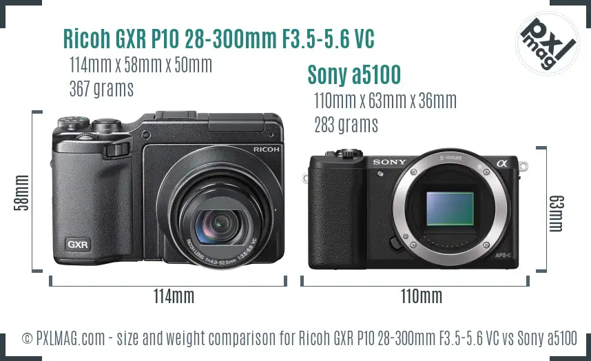 Ricoh GXR P10 28-300mm F3.5-5.6 VC vs Sony a5100 size comparison