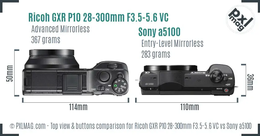 Ricoh GXR P10 28-300mm F3.5-5.6 VC vs Sony a5100 top view buttons comparison