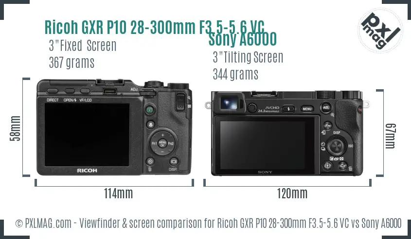 Ricoh GXR P10 28-300mm F3.5-5.6 VC vs Sony A6000 Screen and Viewfinder comparison