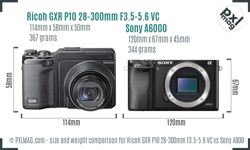 Ricoh GXR P10 28-300mm F3.5-5.6 VC vs Sony A6000 size comparison