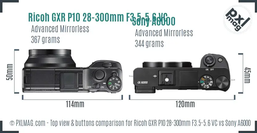 Ricoh GXR P10 28-300mm F3.5-5.6 VC vs Sony A6000 top view buttons comparison