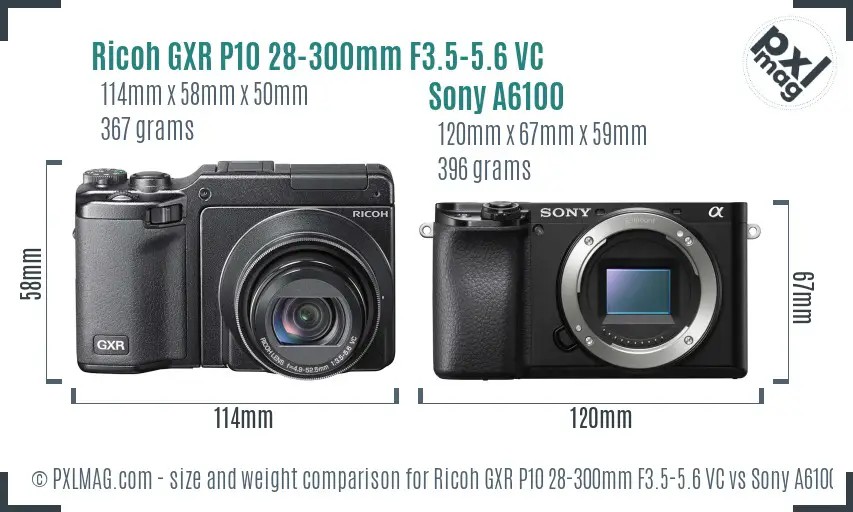 Ricoh GXR P10 28-300mm F3.5-5.6 VC vs Sony A6100 size comparison