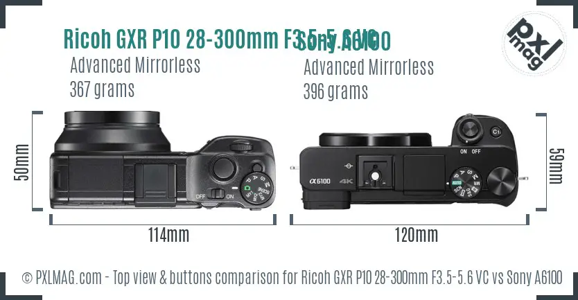 Ricoh GXR P10 28-300mm F3.5-5.6 VC vs Sony A6100 top view buttons comparison