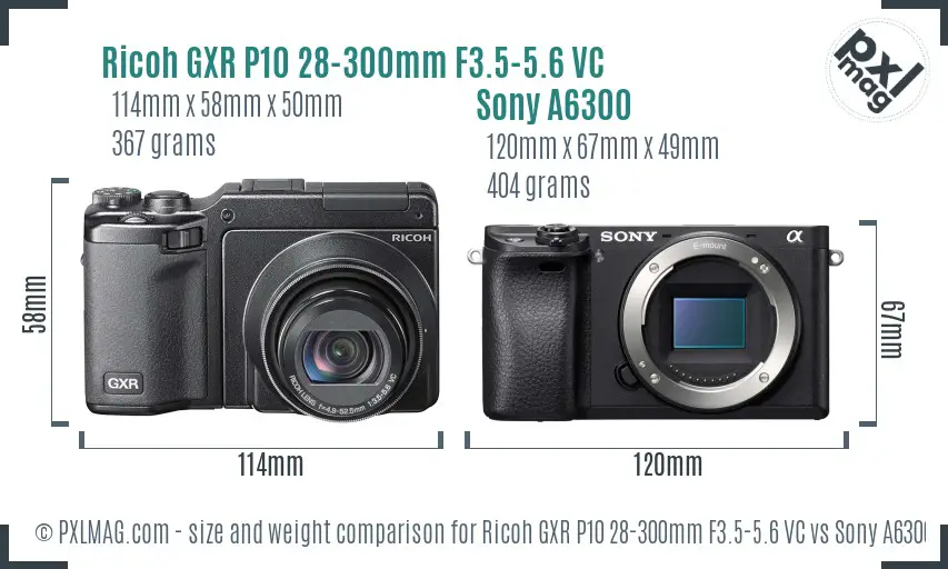 Ricoh GXR P10 28-300mm F3.5-5.6 VC vs Sony A6300 size comparison
