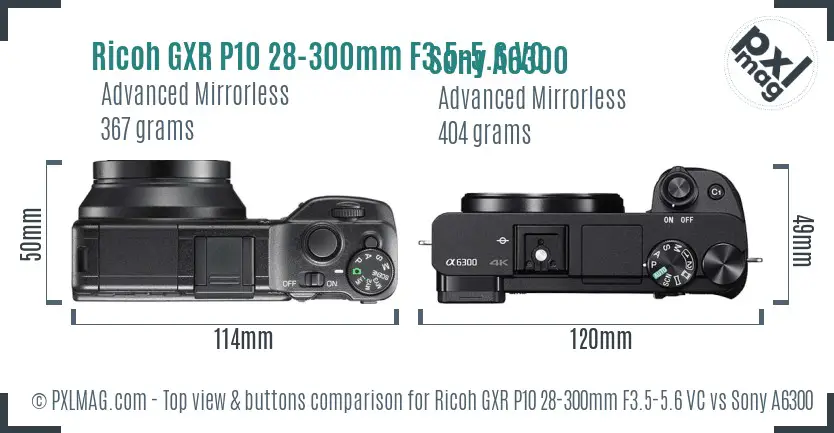 Ricoh GXR P10 28-300mm F3.5-5.6 VC vs Sony A6300 top view buttons comparison